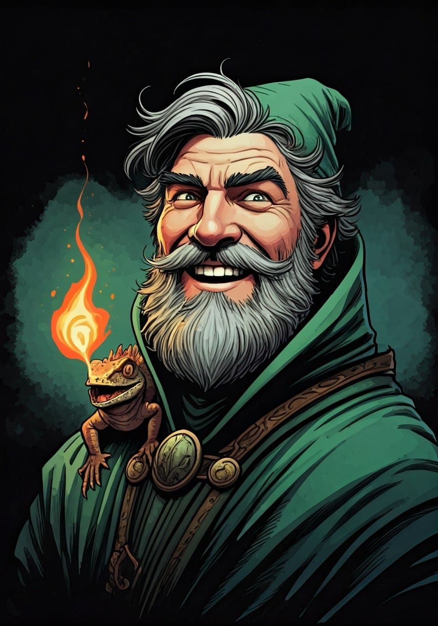 Bearded Sorcerer Portrait with Lizard Familiar