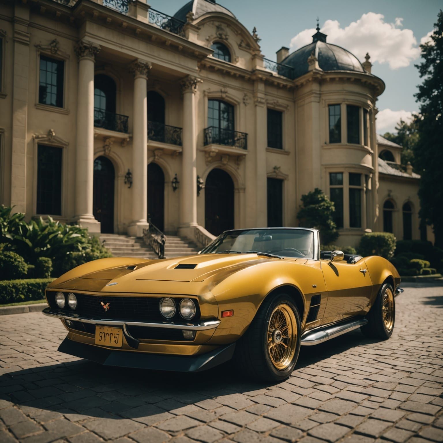 Gold Corvette at a Mansion: Cinematic Film Still