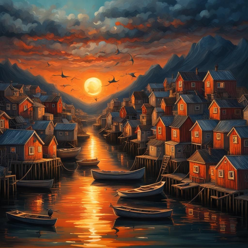 Midnight Sun Over Fishing Village: Surreal Fantasy
