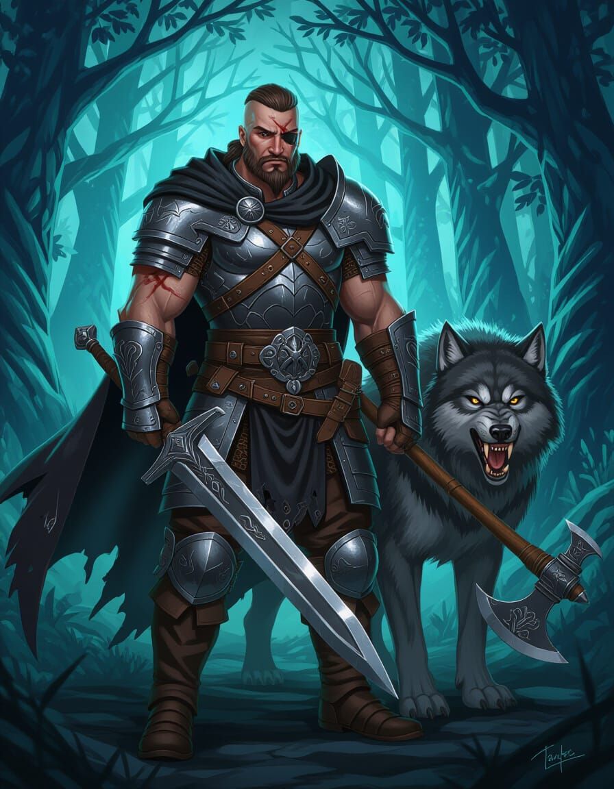 Warrior with Scar and Wolf in Enchanted Forest Concept Art