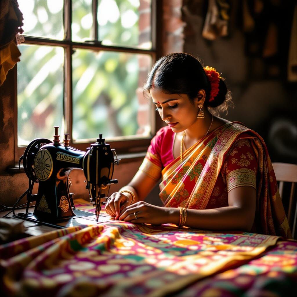 Bangladeshi Woman Sewing Sari in Natural Sunlight