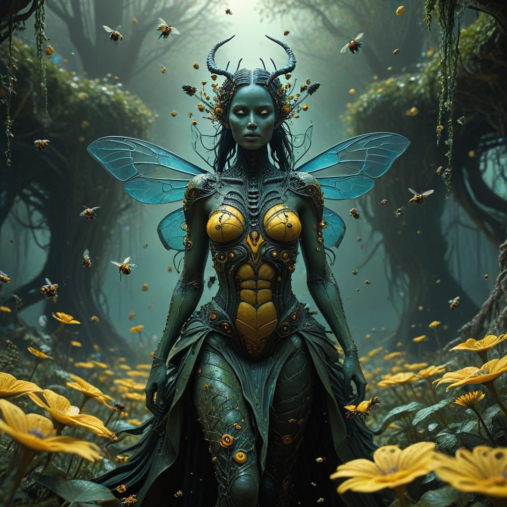 Surreal Bee Goddess in Whimsical Garden, Defying Anatomy