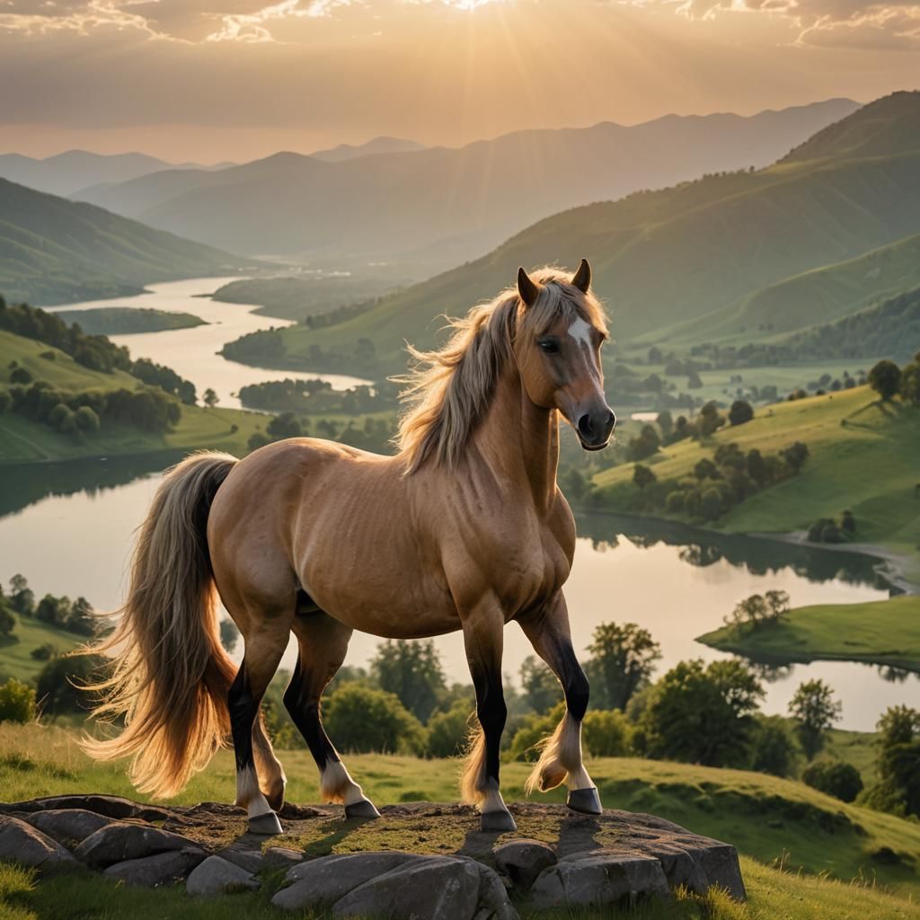 A majestic horse standing proudly on a hilltop, overlooking ...