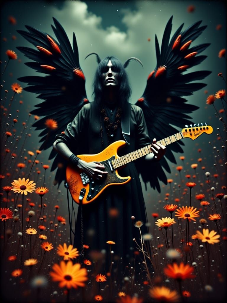 Gothic Dark Angel Guitarist in Dark Fantasy Style