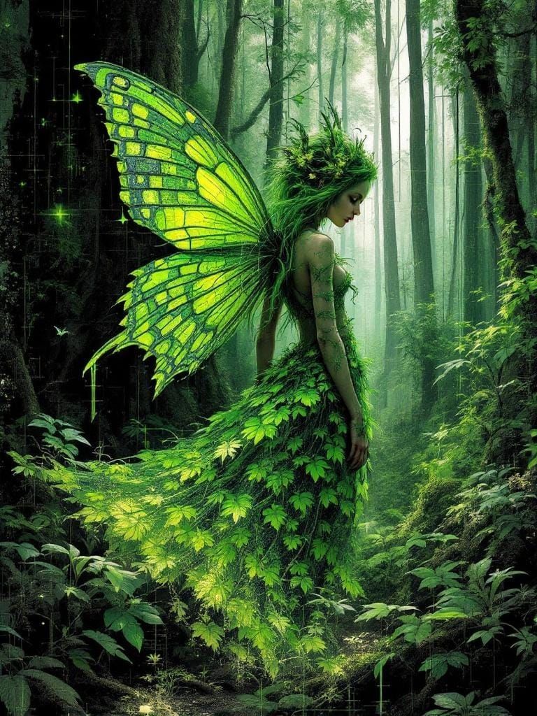 Wood Sprite in Glitch Art Style with Butterfly Wings