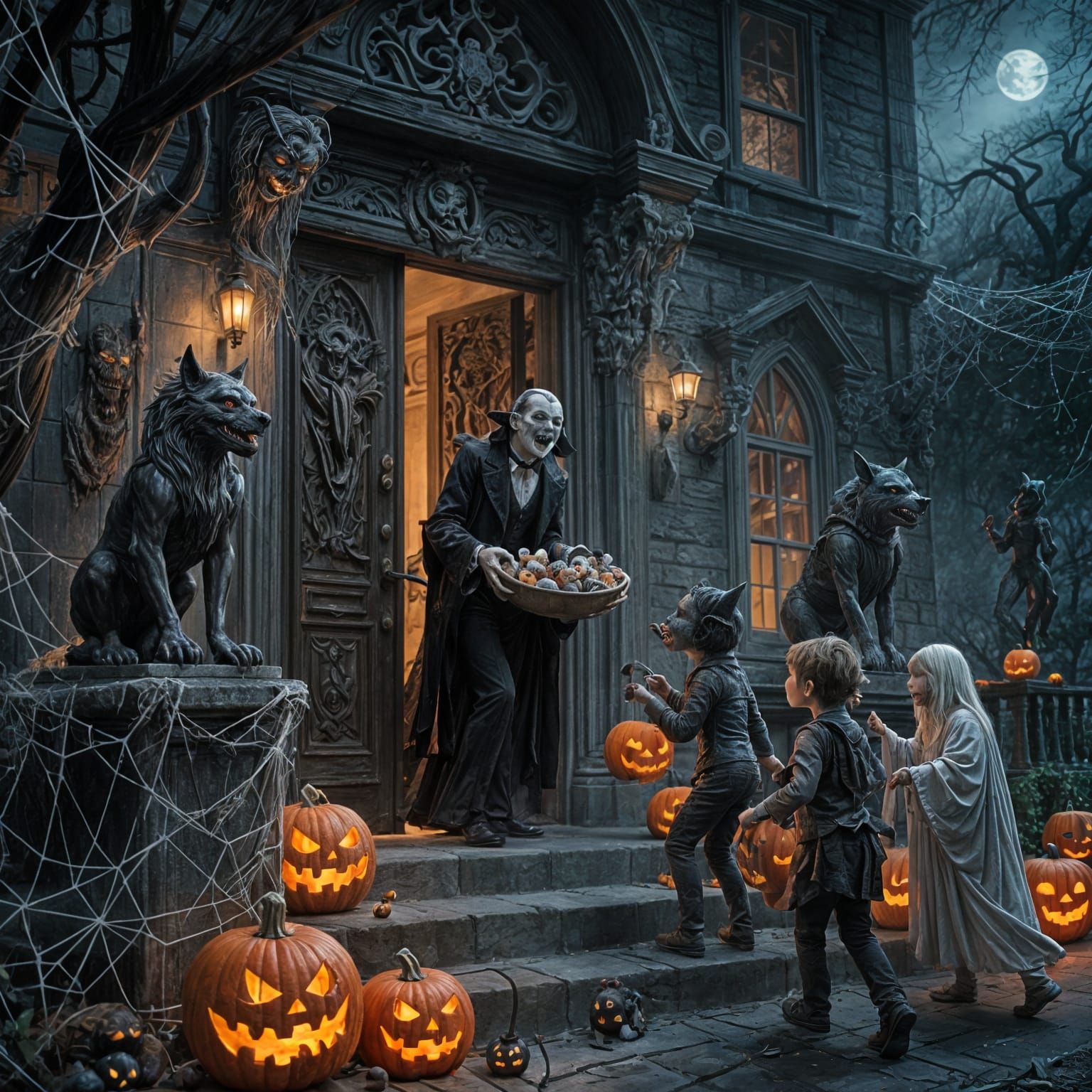 Haunted Mansion Porch Halloween Scene with Vampire and Trick...