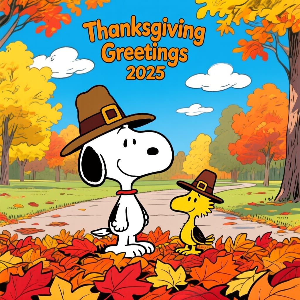 Snoopy and Woodstock in Pilgrim Hats Amid Autumn Leaves