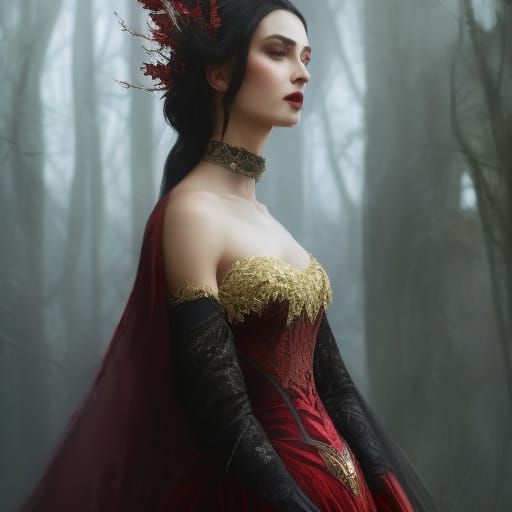 Fairy Queen in Red Lace Gown: Digital Masterpiece
