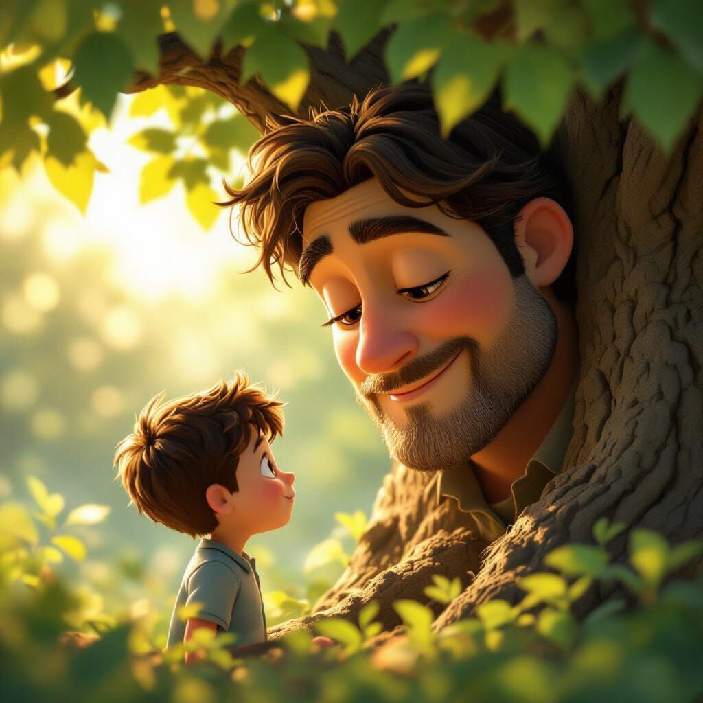 Pixar-Style Tree Smiles Warmly at Boy in Nostalgic Scene