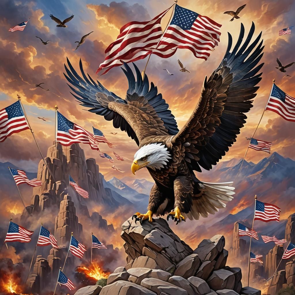 Majestic Eagle Soaring Through Patriotic Dreamscape