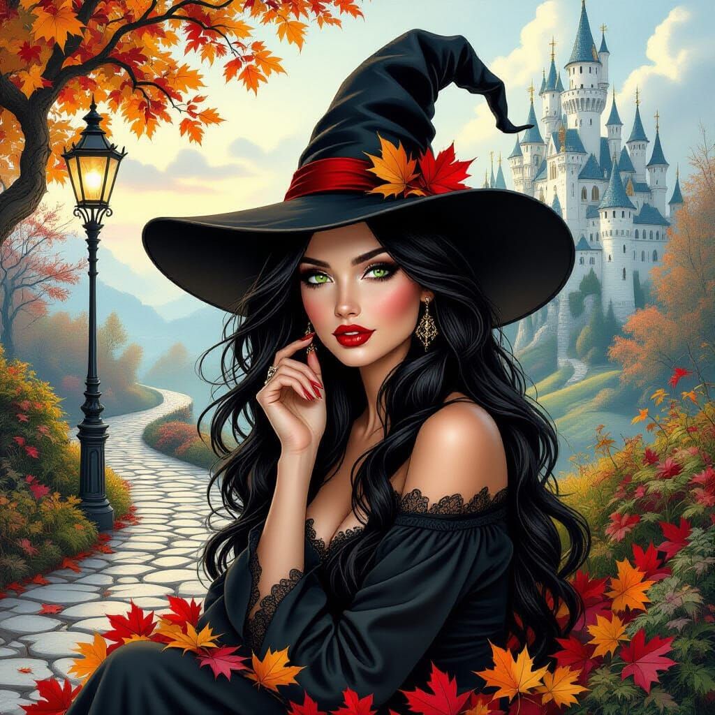 Mystical Woman in Autumn Landscape with Castle