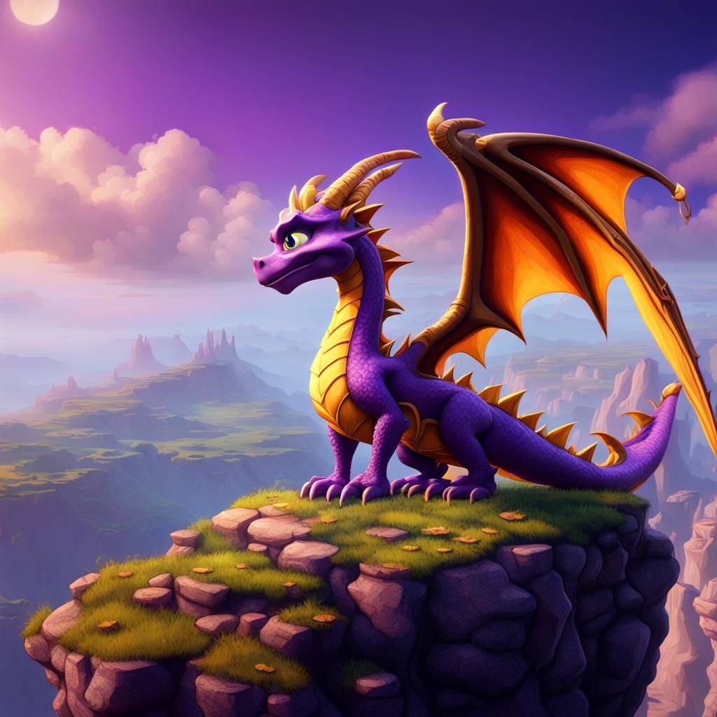 Hyperdetailed Spyro the Dragon on a Cliff