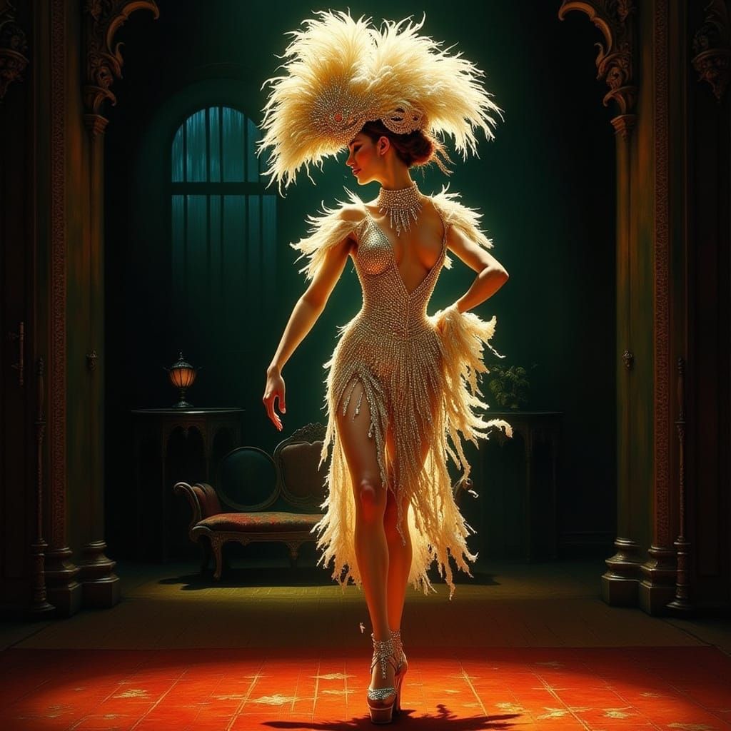 Showgirl in Feathered Hat on Stage, Art Nouveau Style