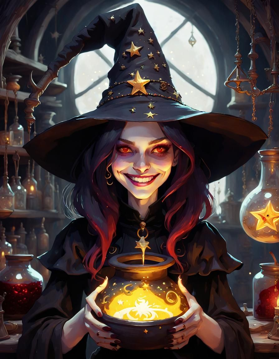 Gothic Witch in Alchemy Lab with Moody Lighting
