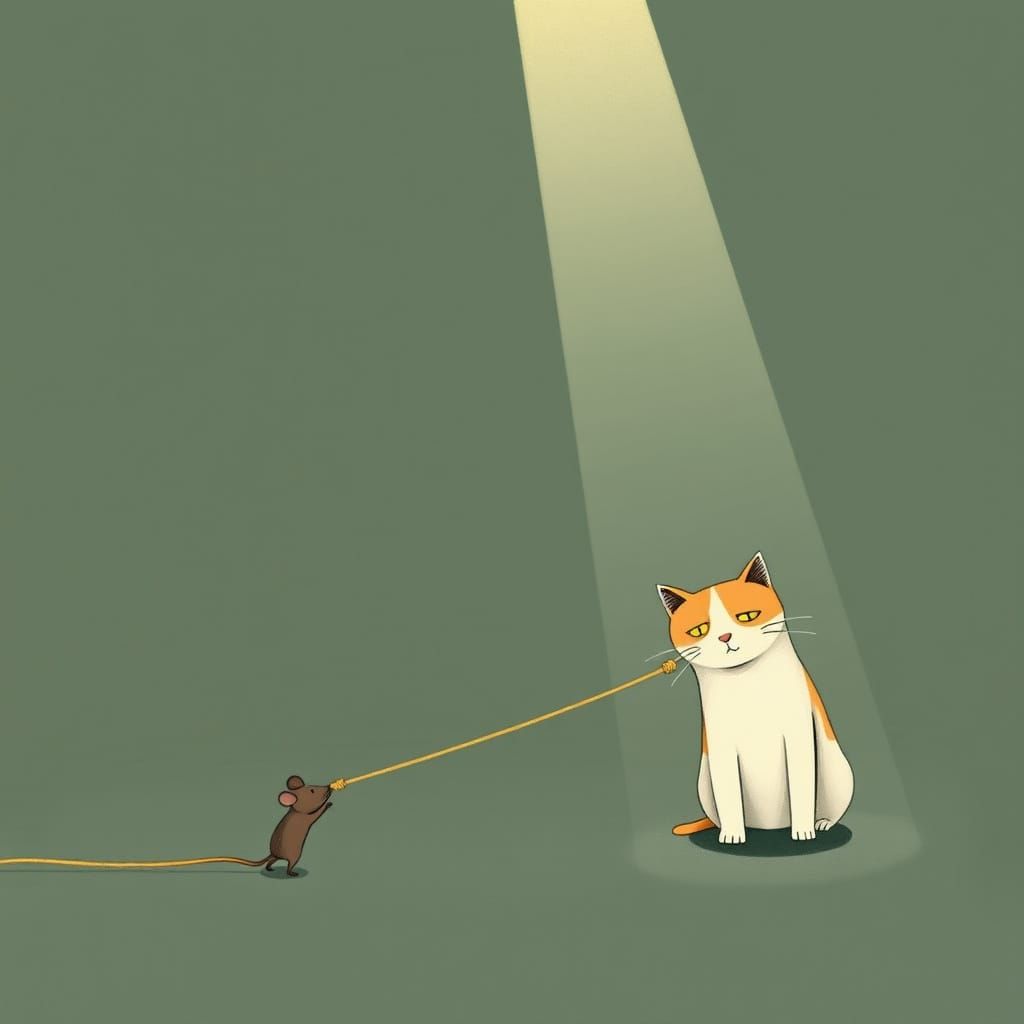 Mouse Captures Crying Cat Under Spotlight