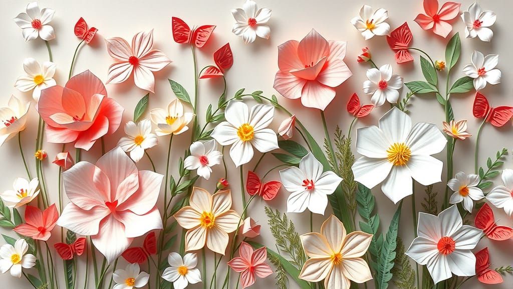Delicate Origami Paper Garden with Collage Elements