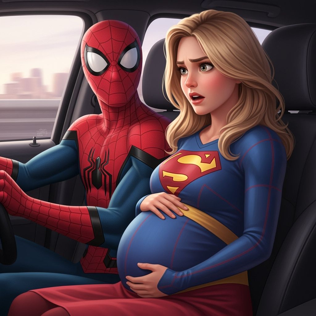 Spider-Man and Pregnant Supergirl in Car, Pixar Style