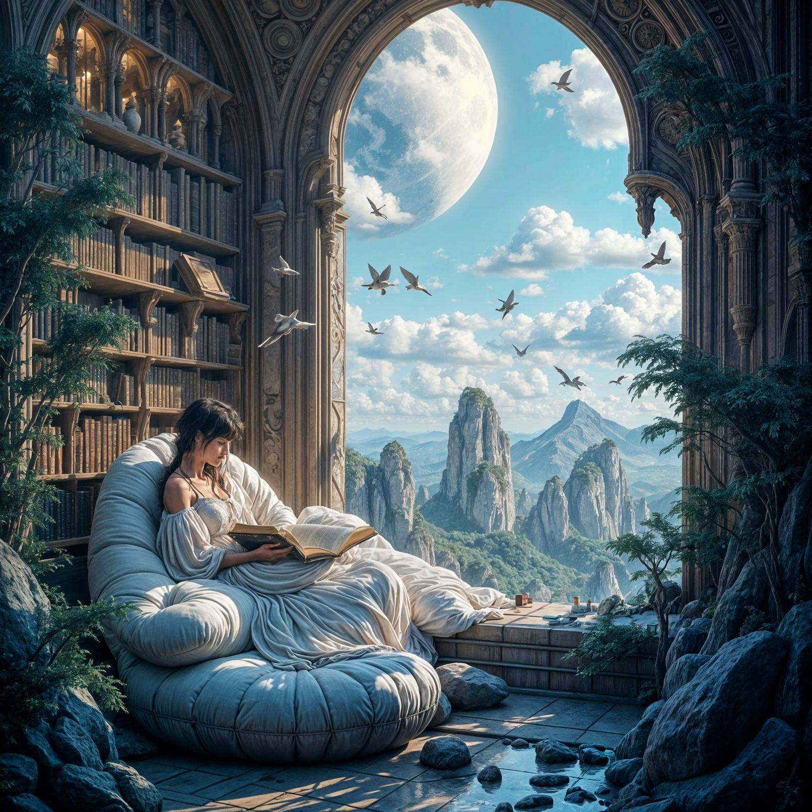 Futuristic Library Reading Nook with Air Genasi