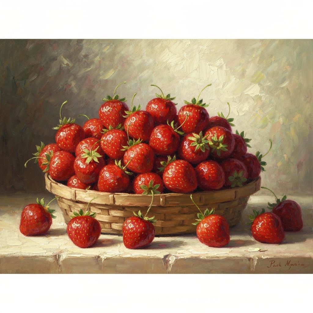 Impressionistic Oil Painting of Ripe Strawberries in Basket