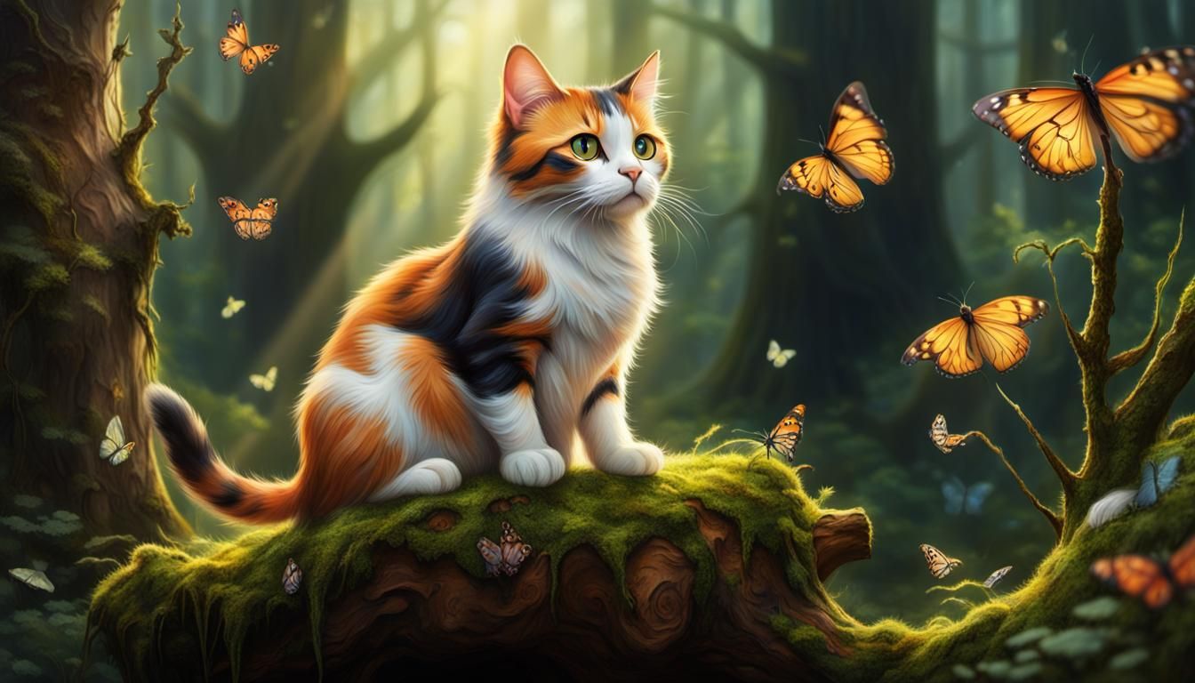 Calico Cat in Whimsical Forest: 3D Rendered Scene