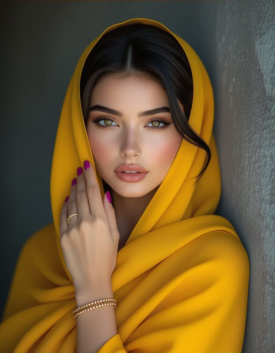 Elegant Woman in Yellow Cloth, Soft Studio Lighting