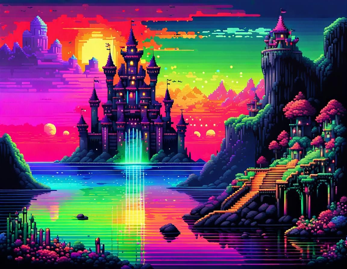 Neon Rainbow Castle on Fantasy Beach in Pixel Art