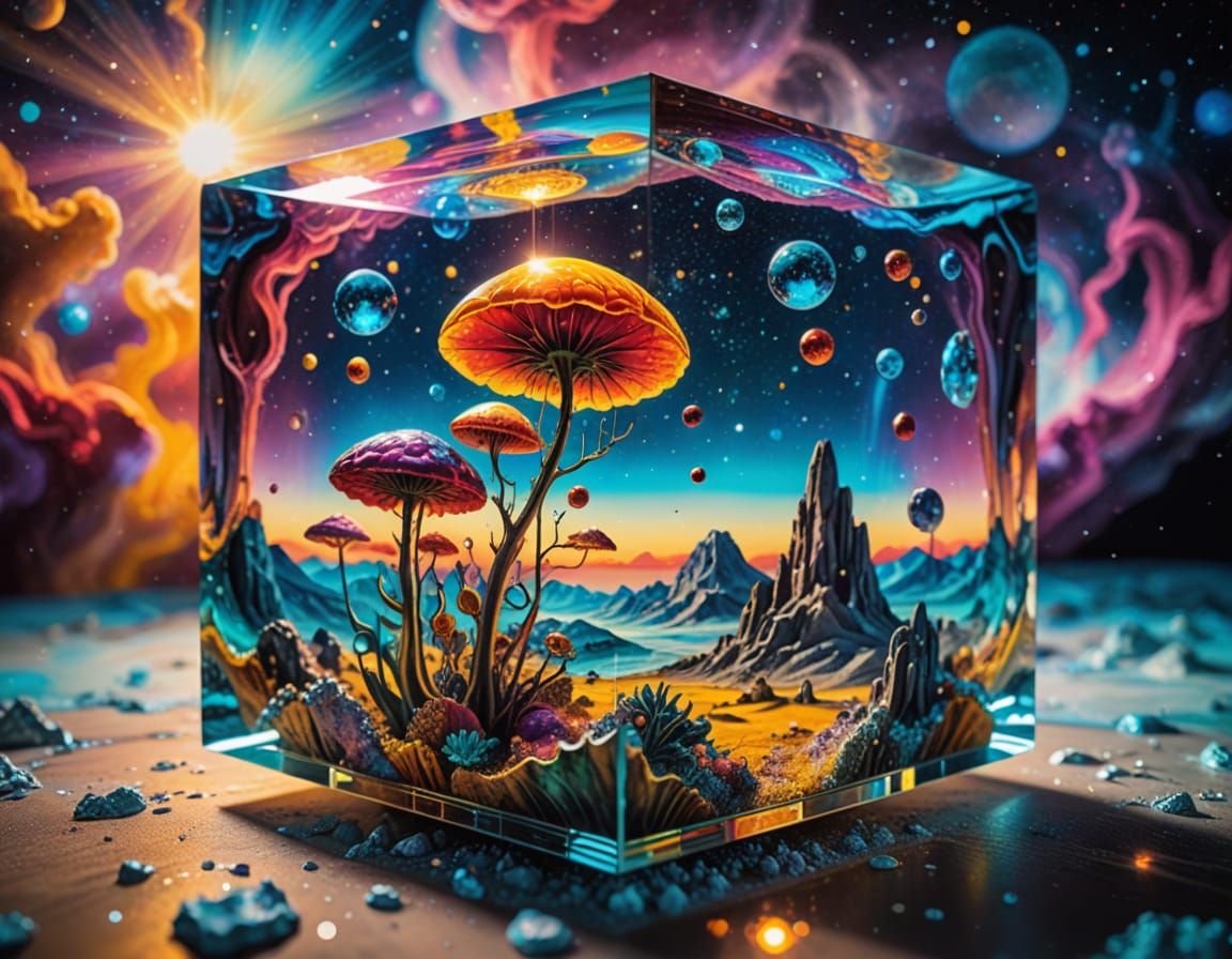 Cosmic Hologram in Glass Cube: Vibrant Surrealism