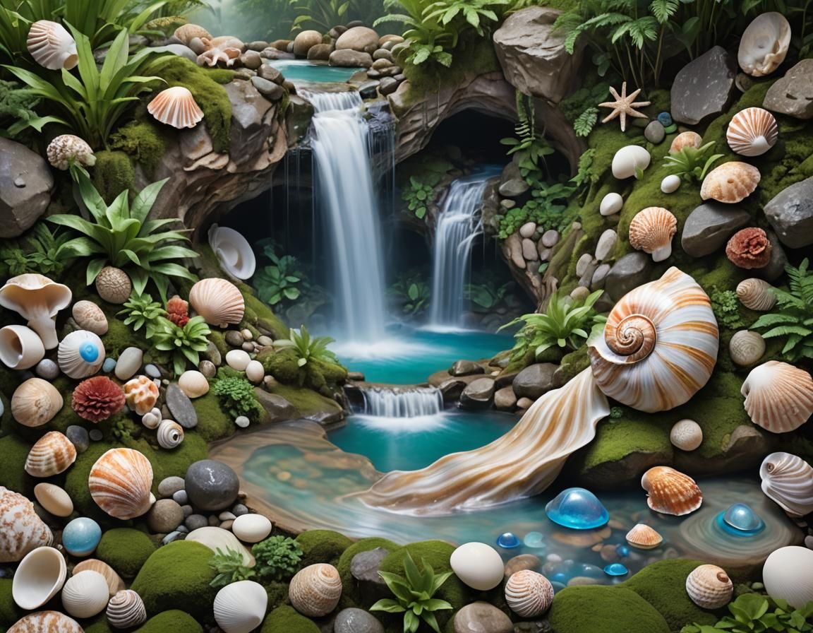 Surreal Seashell Waterfall in Tropical Paradise