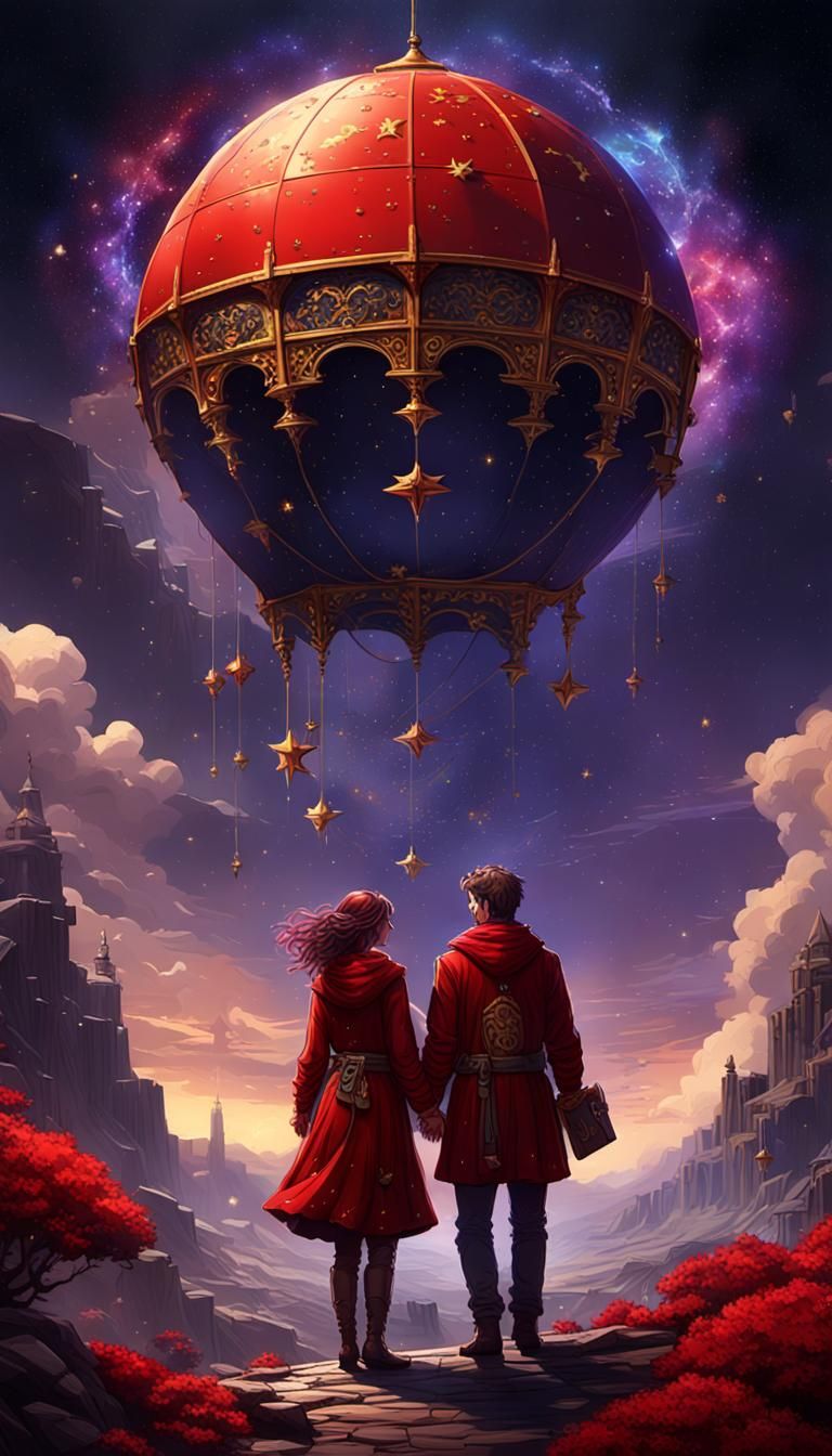 Couple Embraced by Key in Dark Fantasy Style