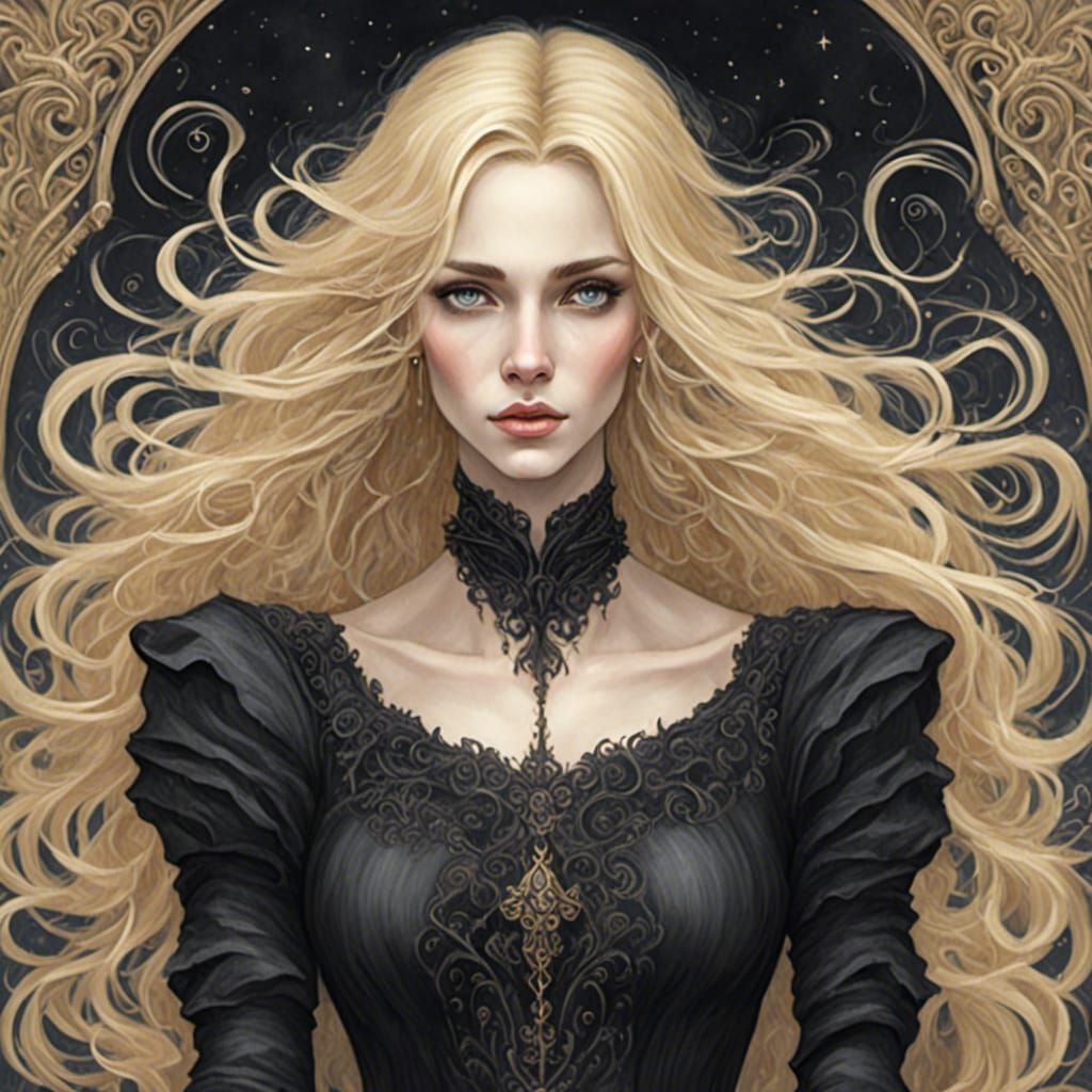 Blond Witch in Black Dress, Color Pencil Drawing