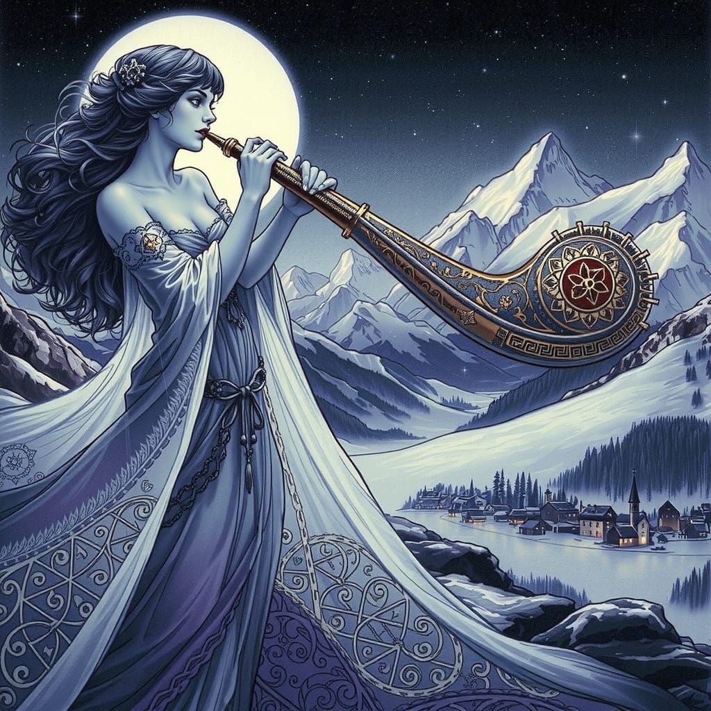 Ethereal Banshee Plays Alphorn on Snowy Mountain Peak