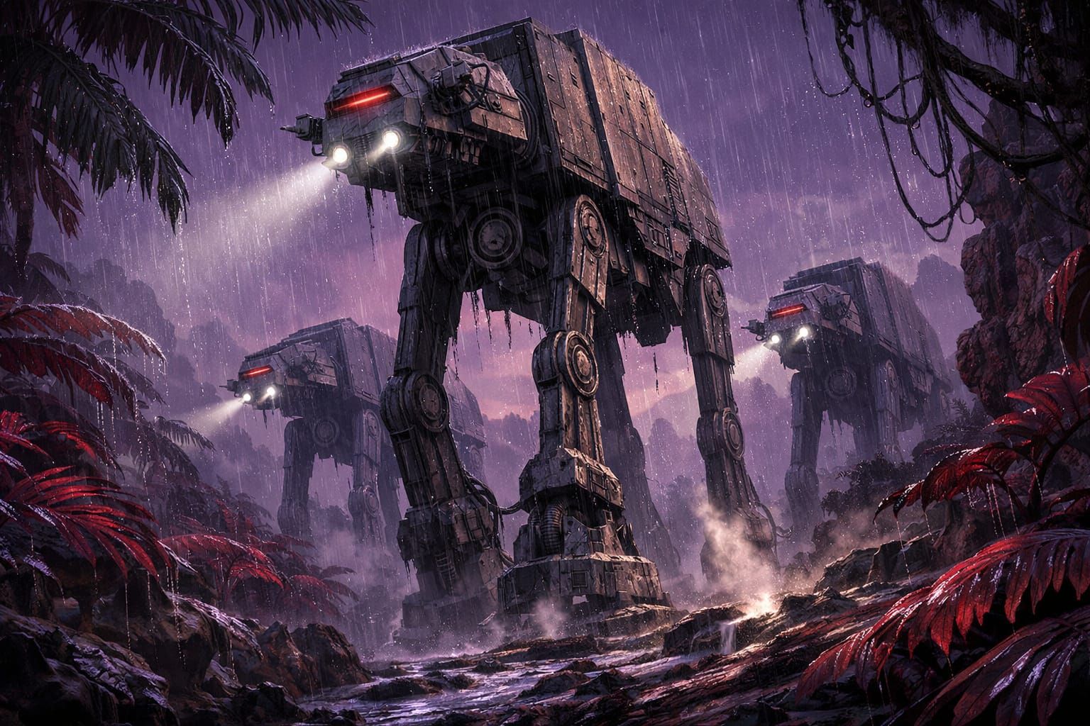 AT-AT Walkers March Through Alien Jungle at Twilight