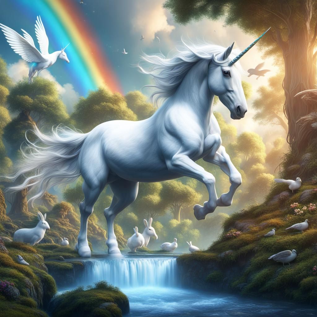 Winged Unicorn in Enchanted Forest: Fantasy Concept Art