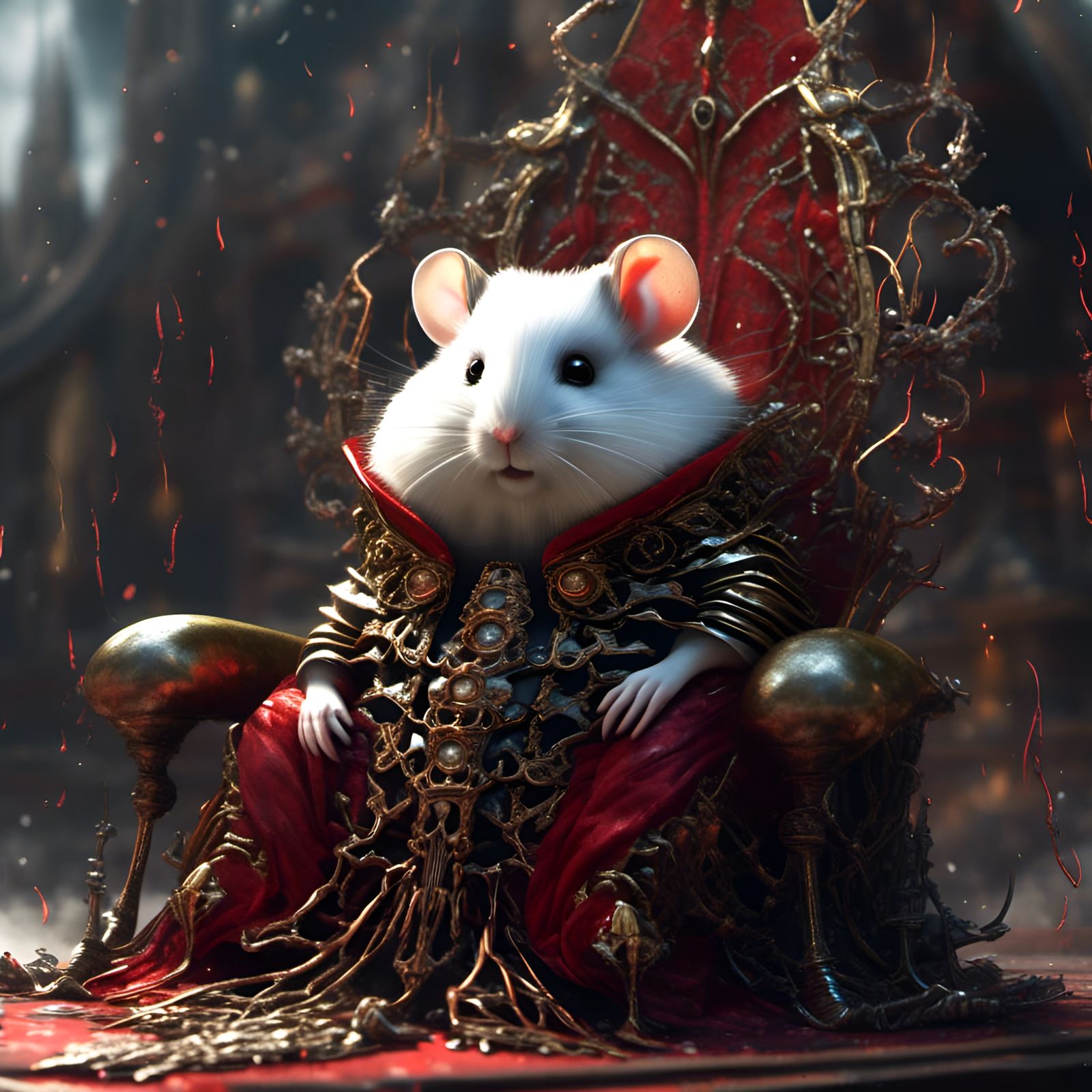 Hamster Skeleton in Cardinal Robes on Throne