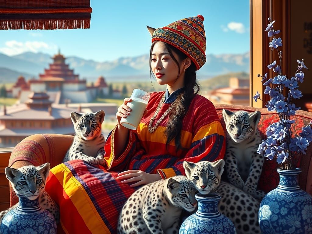 Mongolian Cat-Girl Lounging with Snow Leopards