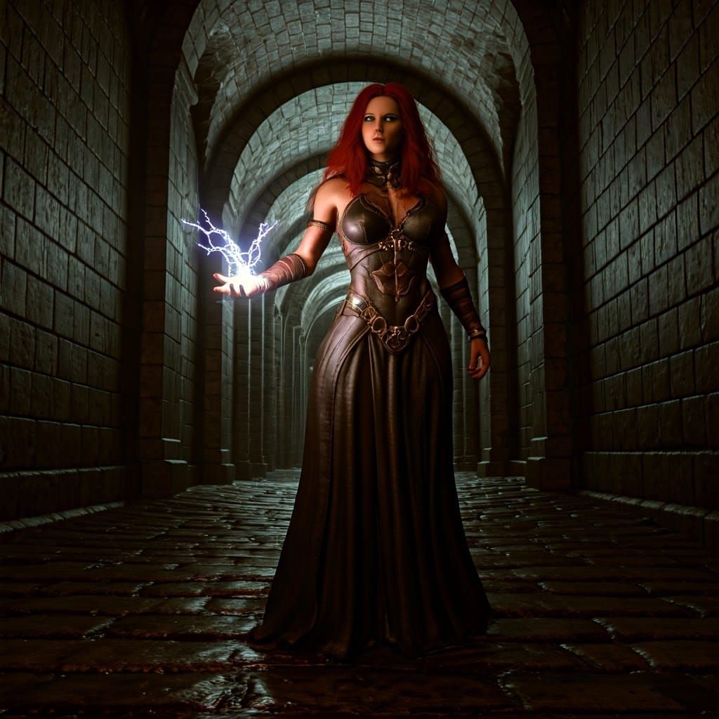 Mystical Female Wizard Unleashes Lightning in Dark Dungeon