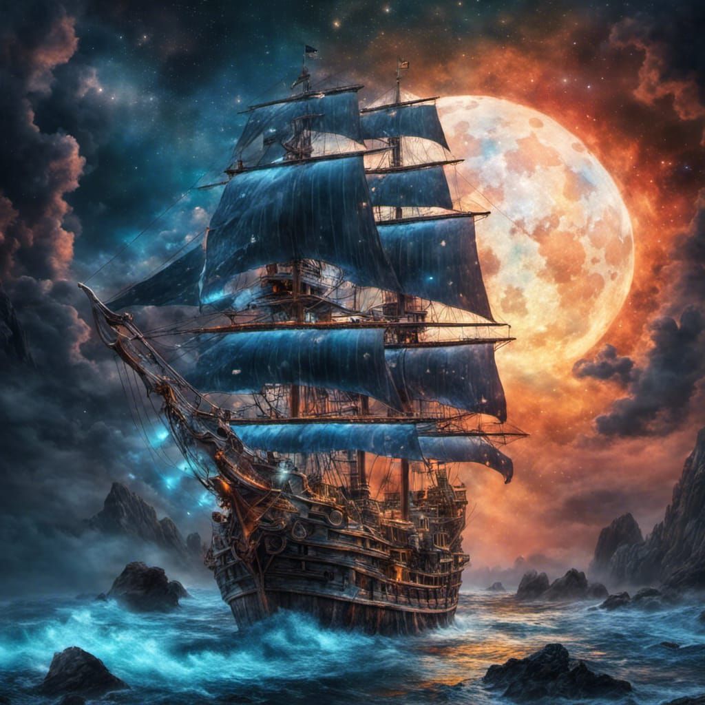 Mystical Pirate Ship Sailing Cosmic Seas in Gouache