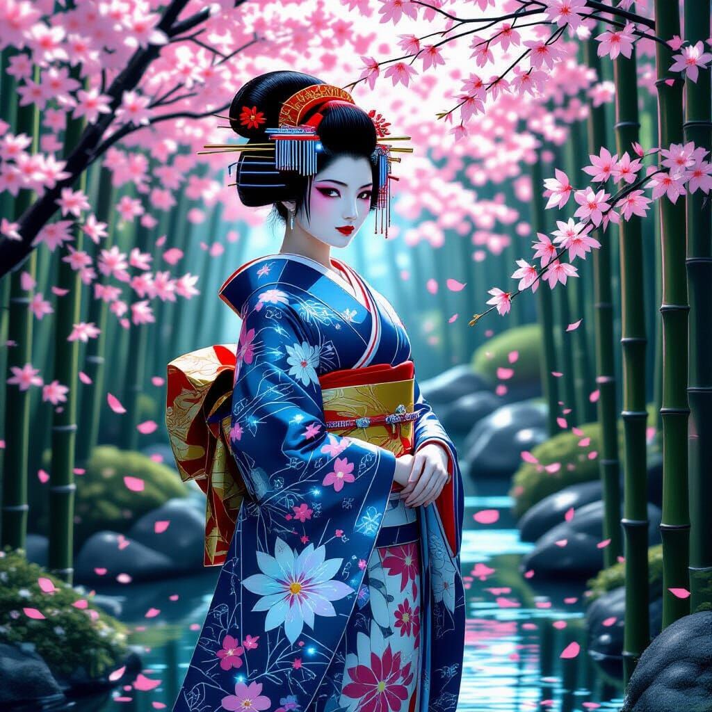 Android Geisha in Futuristic Bamboo Garden