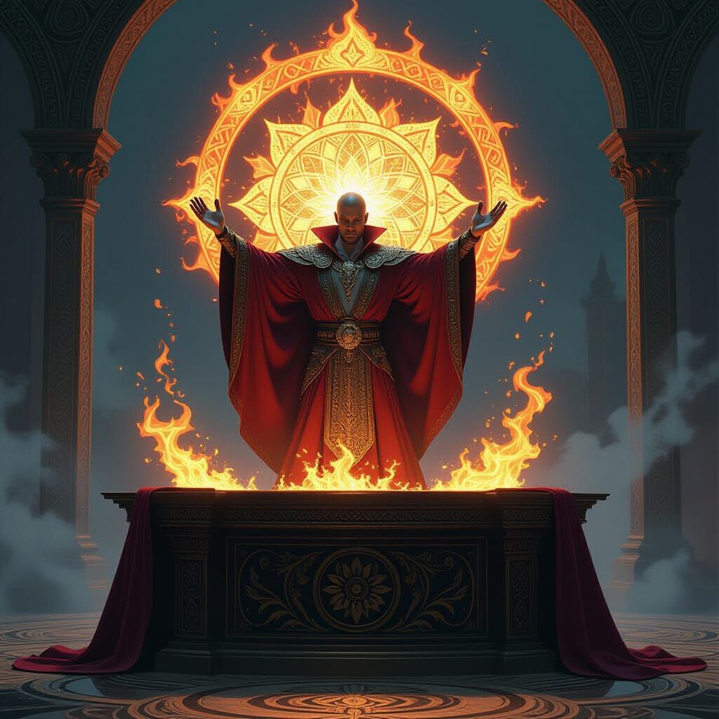 Magician at Altar with Elemental Symbols in Visionary Fantas...