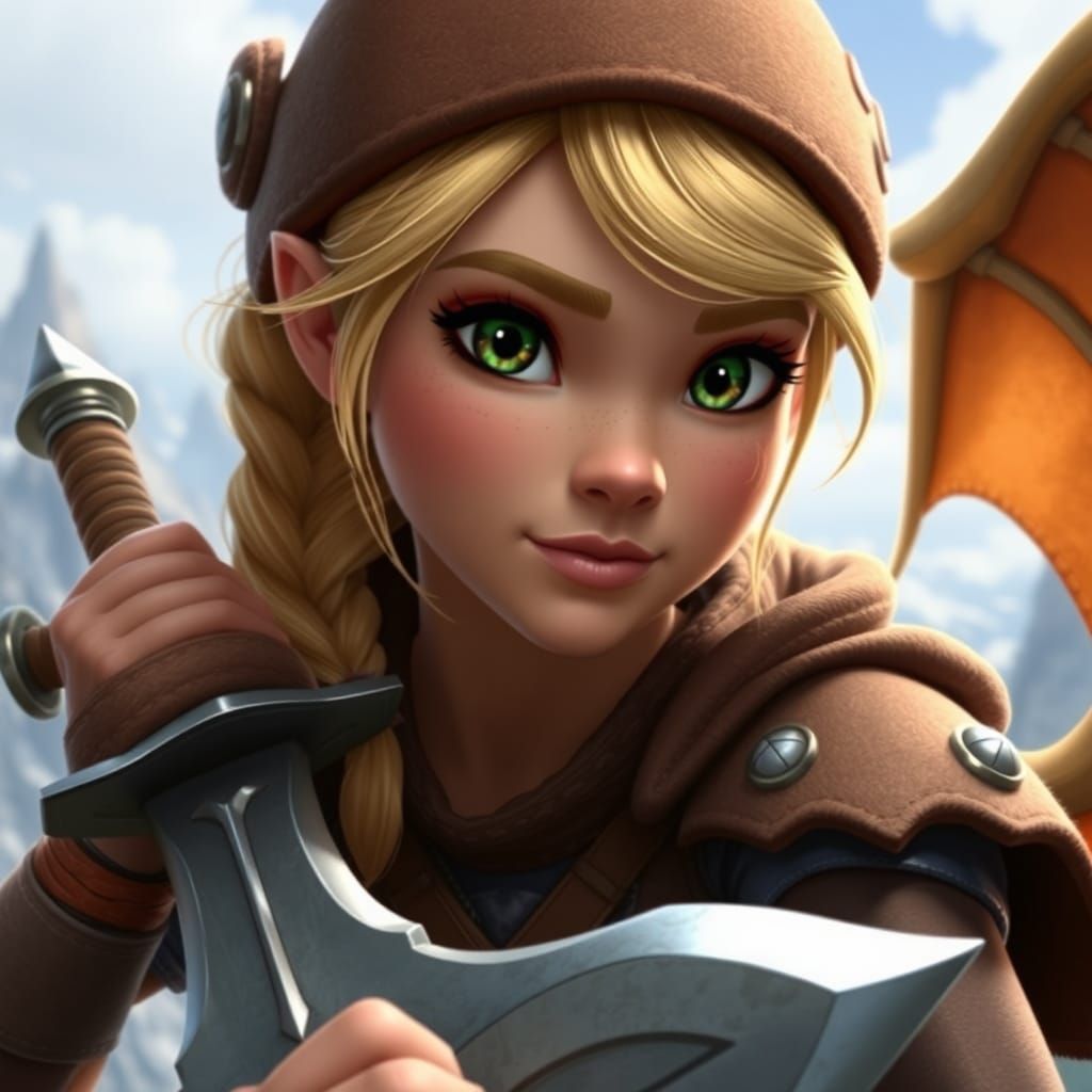 Female Dragon Slayer Portrait in 3D Animation Style