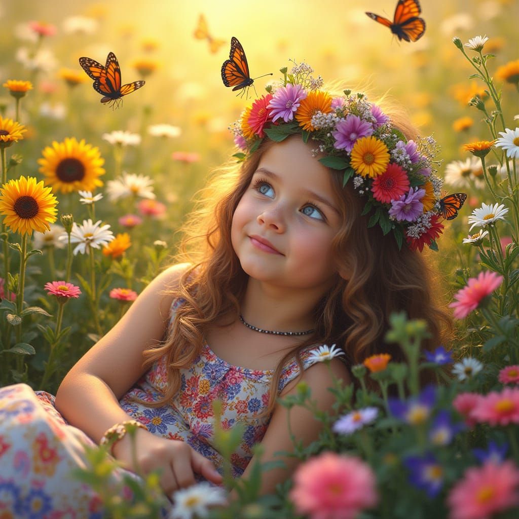 Child in Flower Crown Lounging in Summer Meadow