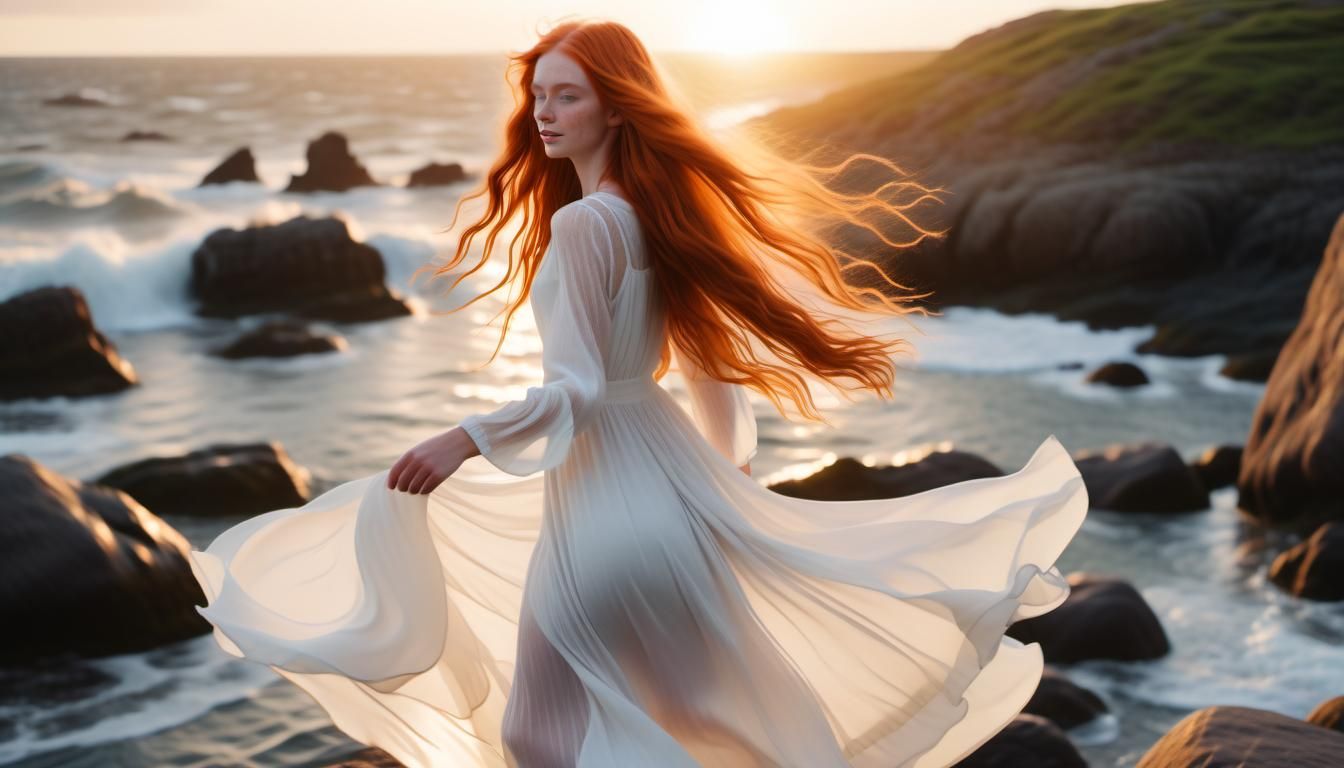Ginger-Haired Girl on Boulder at Sunset in 8K