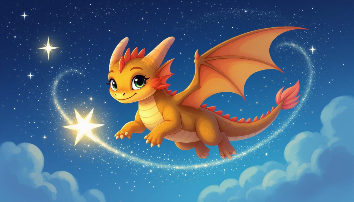 Playful Dragon Cub Soaring Through Starry Night Sky