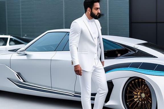 Handsome Man with Metal Arm in Cyan Highlighted Suit