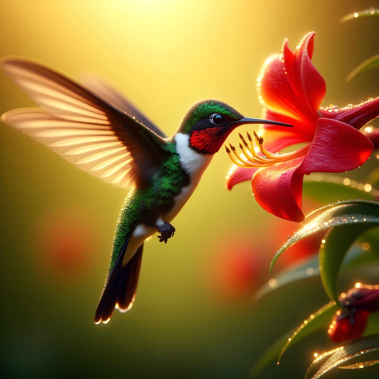 Hummingbird Sips Nectar From Trumpet Flower