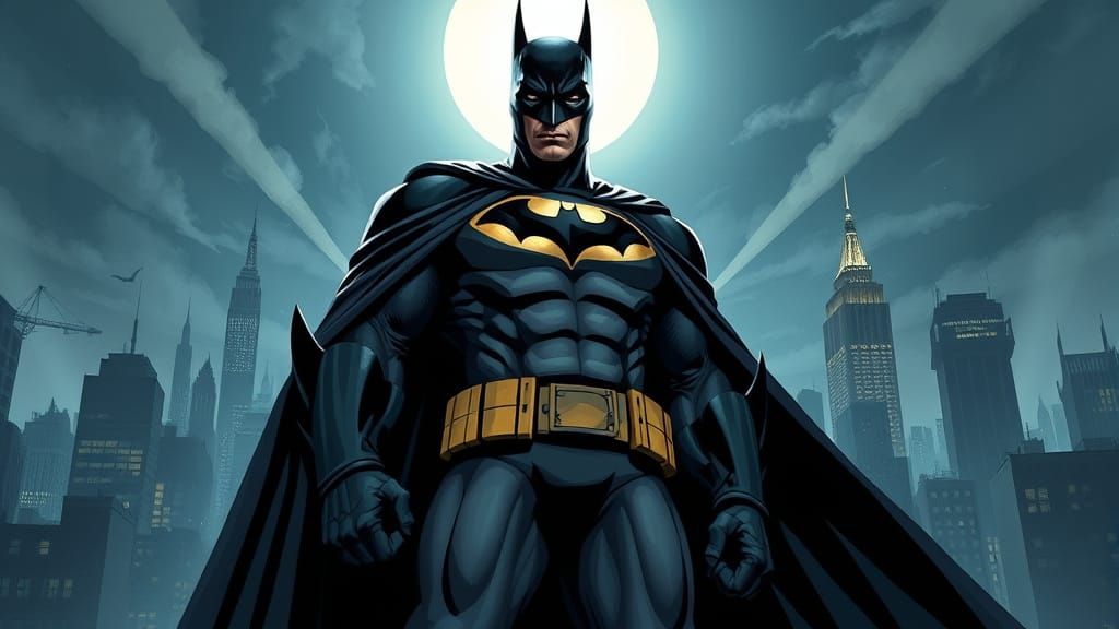 Batman Under the Bat-Signal in Comic Book Style