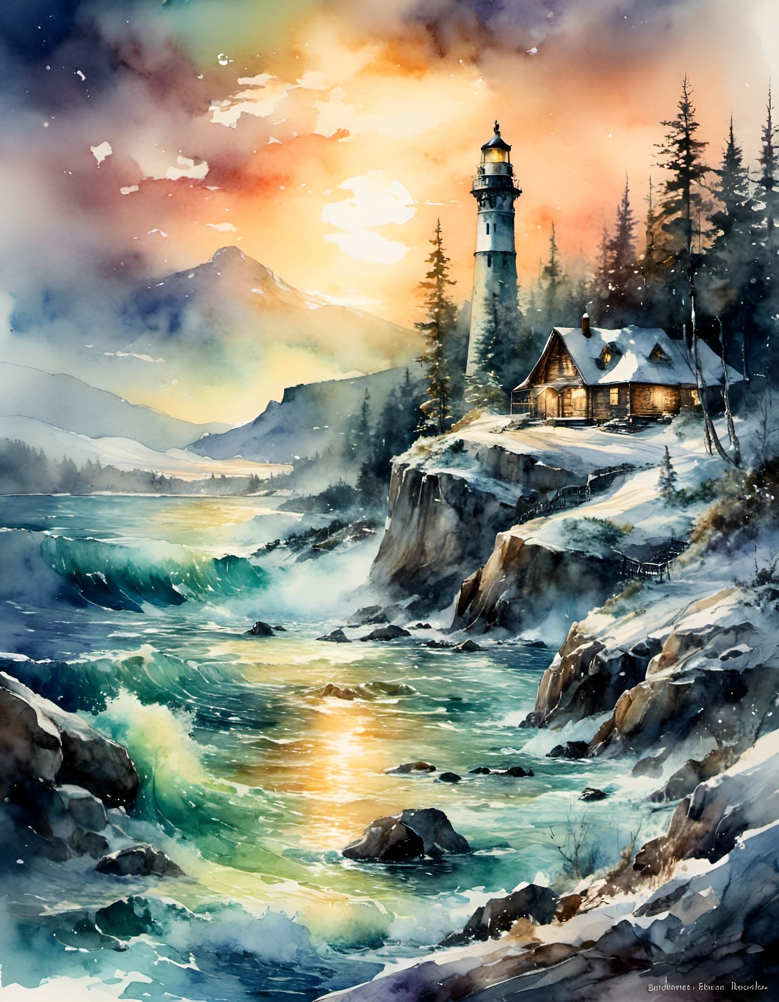 Lighthouse Under Northern Lights in Watercolor Style