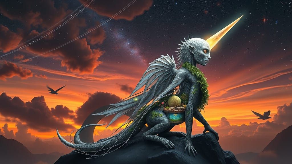 Ethereal Being Rides Comet's Tail in Cosmic Landscape