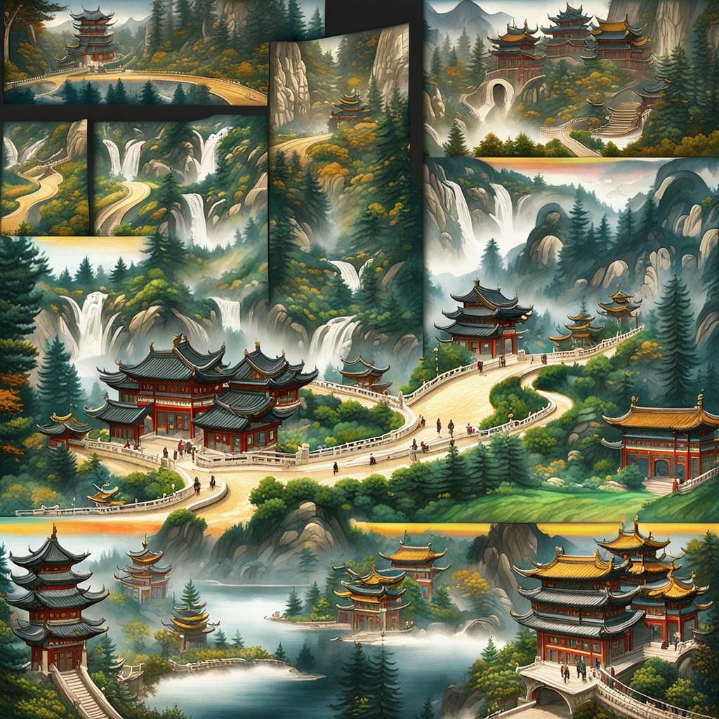 Korean Folk Painting with Cherry Blossoms and Bridge