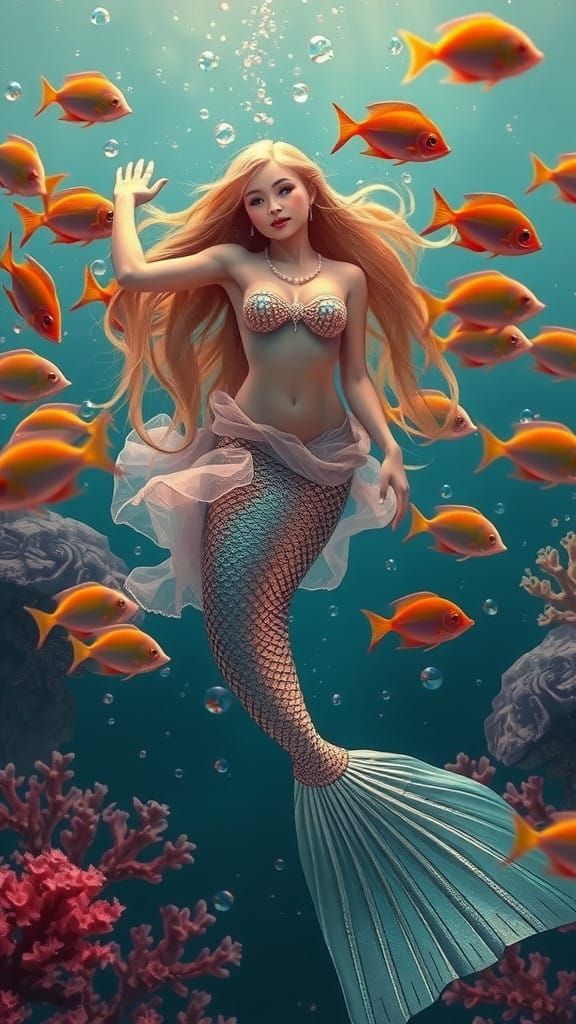 Majestic Mermaid Sways Amidst Rainbow Fish and Wavy Coral Re...